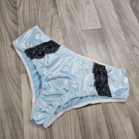 Blue Satin Briefs Panties with Lace Trim by Space Kitten Boutique, Size 4XL - Picture 1 of 7